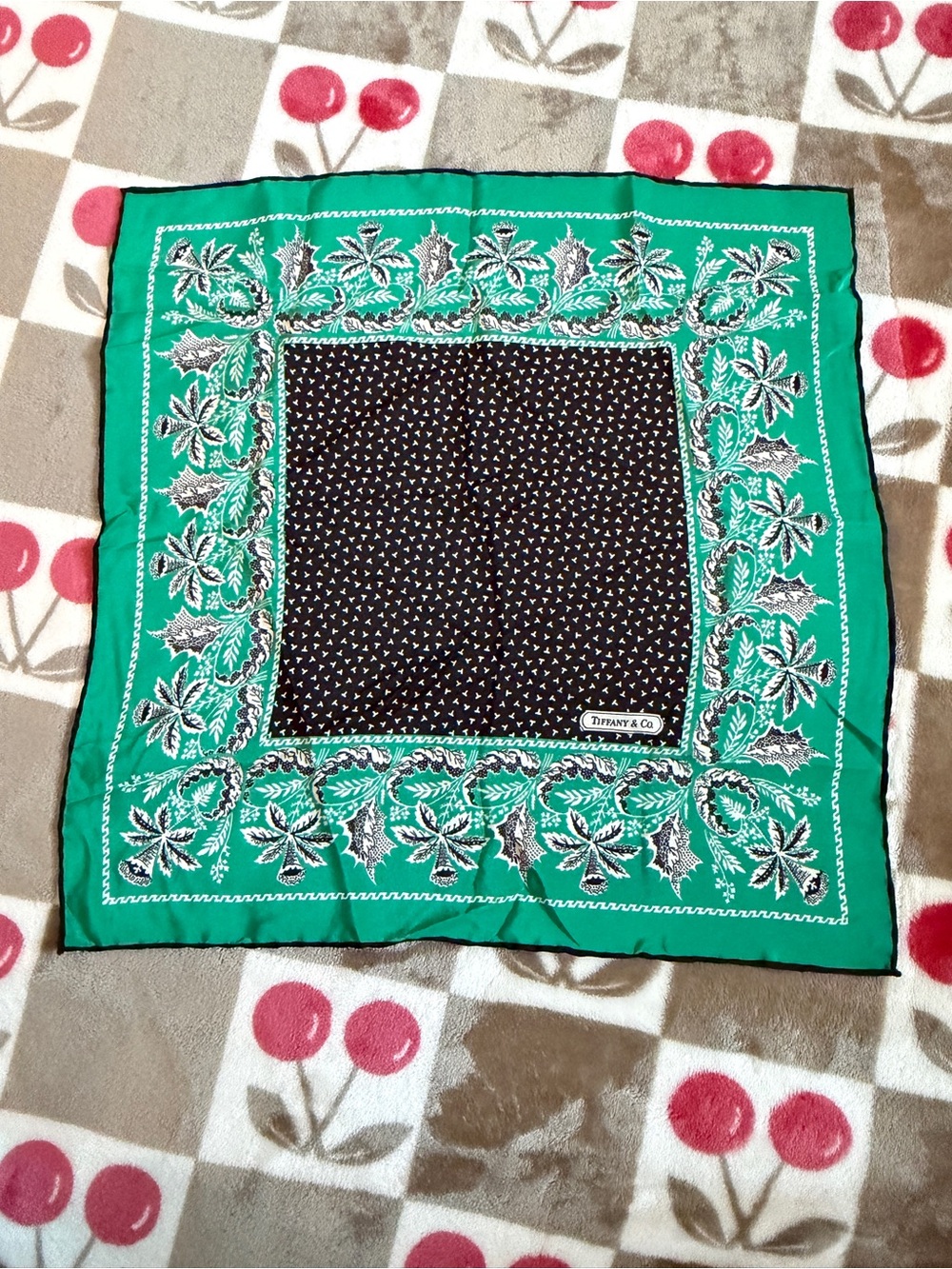 Tiffany & Co. Green and Black Floral Border Silk Scarf